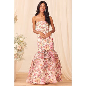 Lulus Fleur Of Dreams Ivory And Pink Floral Print Organza Maxi Dress - Size S